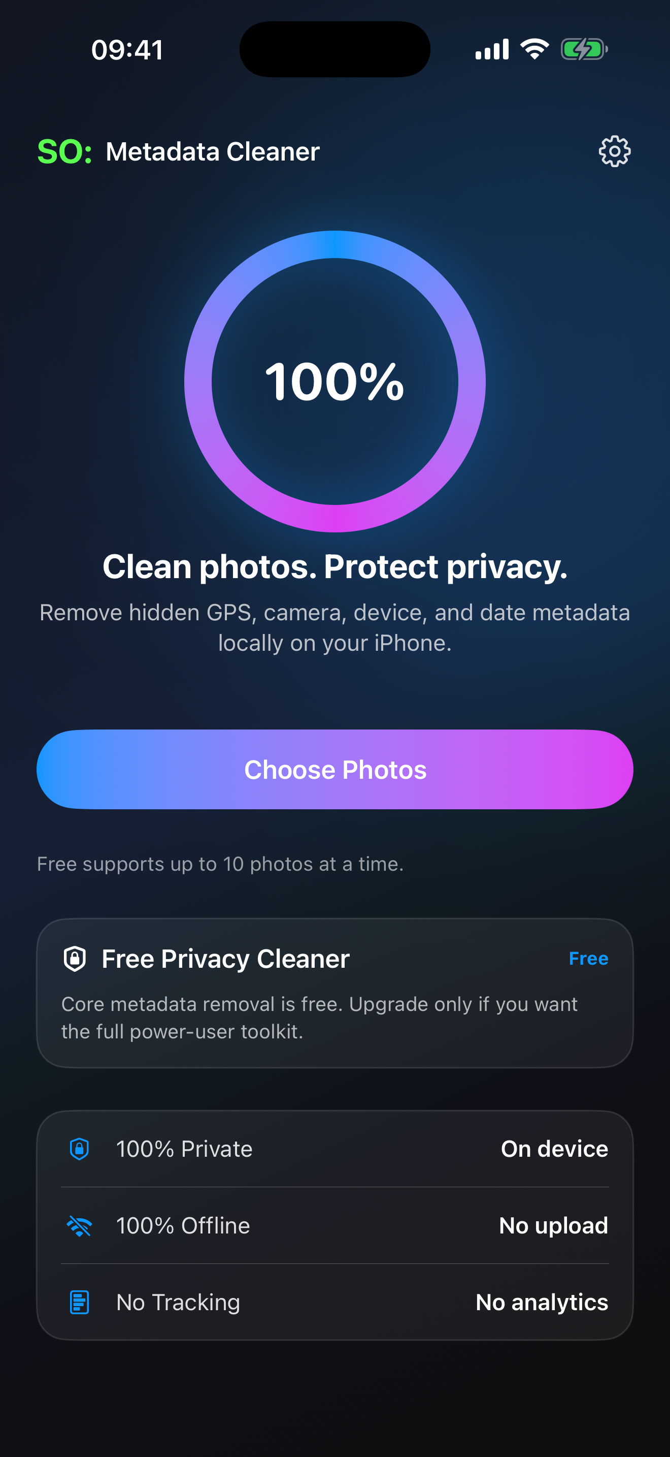 Metadata Cleaner home screen showing local privacy cleaning.