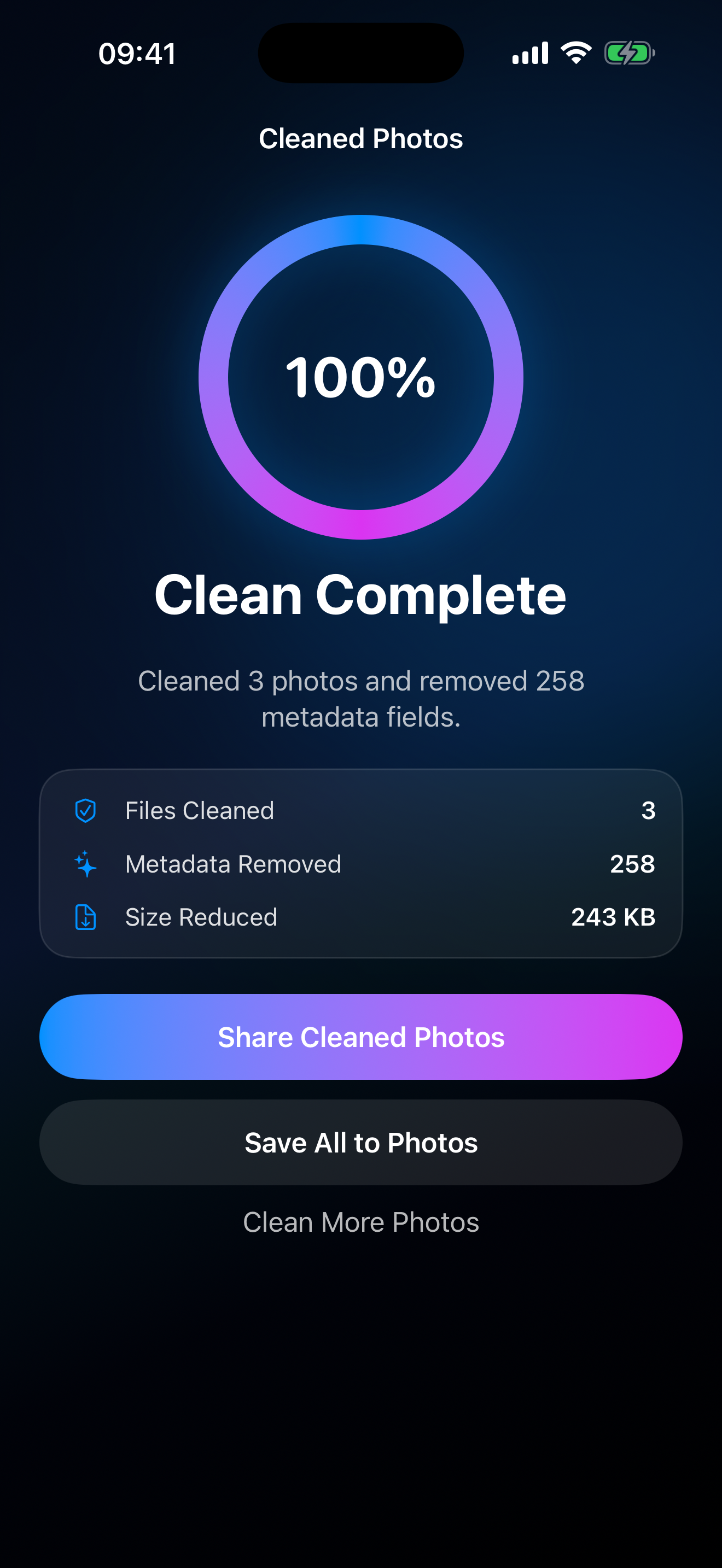 Clean complete screen showing metadata removed.