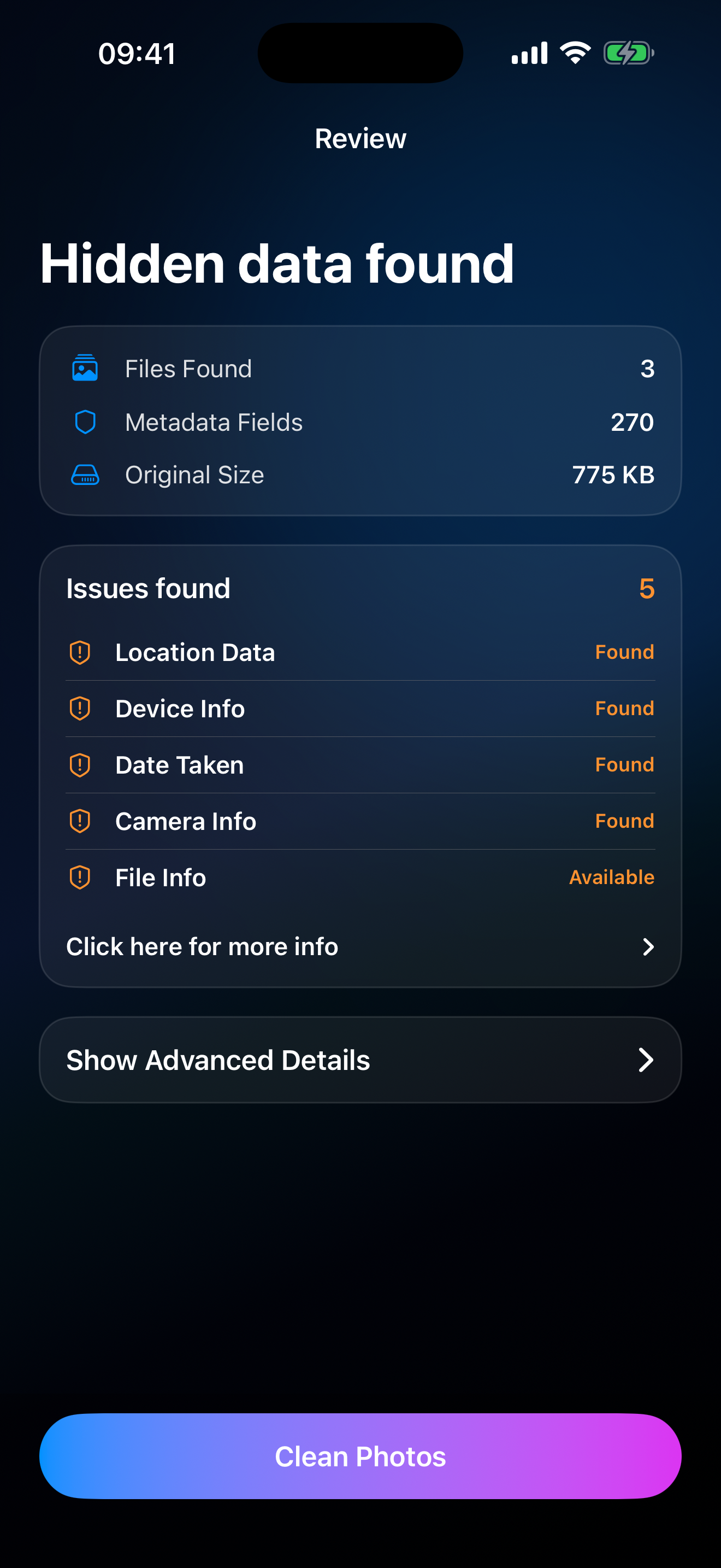Review screen listing hidden photo metadata issues found.