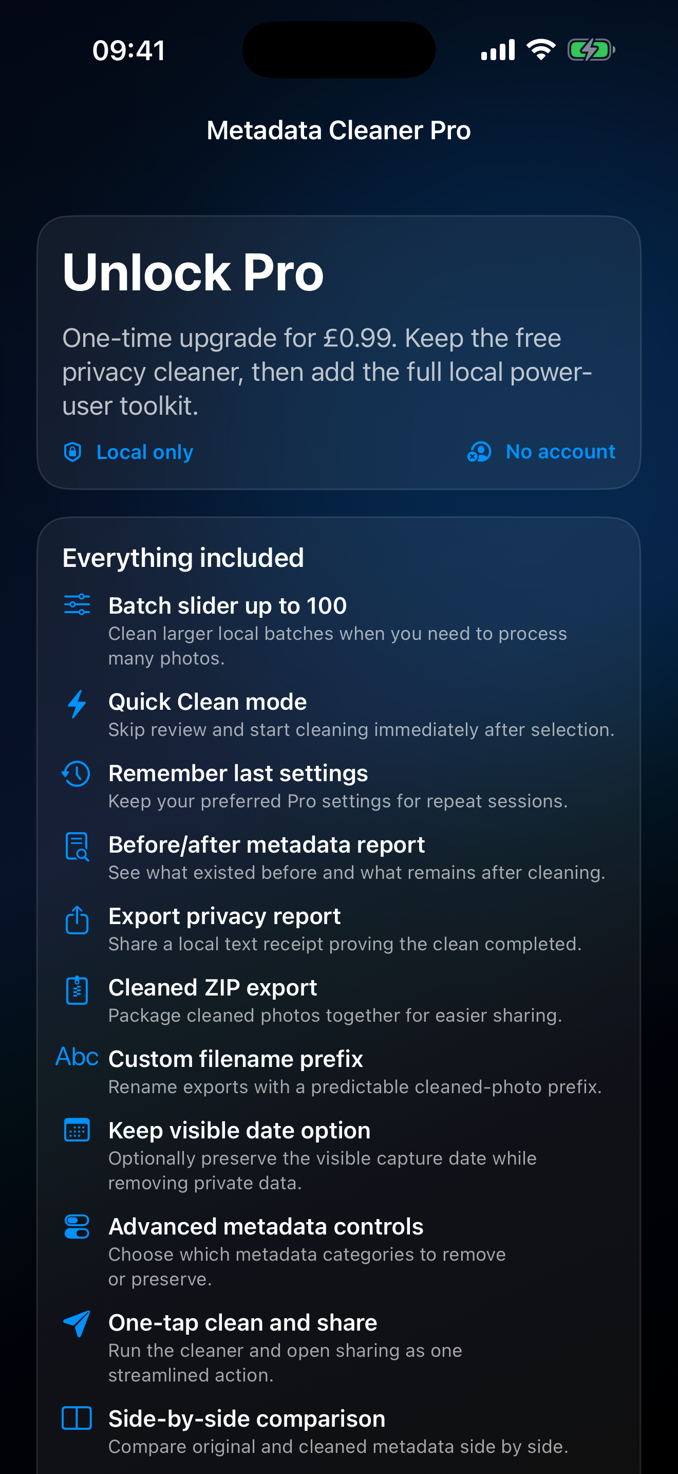 Metadata Cleaner Pro upgrade screen.